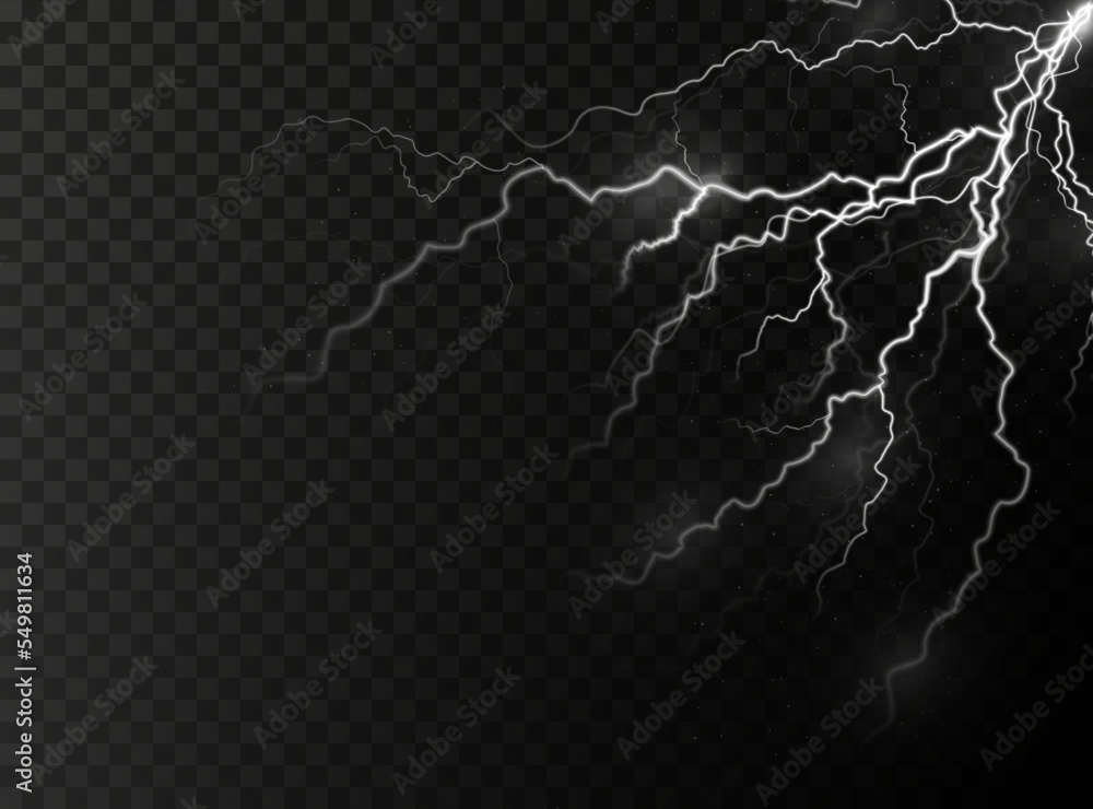 Poster Light white isolated vector lightning png. Magic light abstract lines. Realistic natural lightning effects, Black transparent background.	
