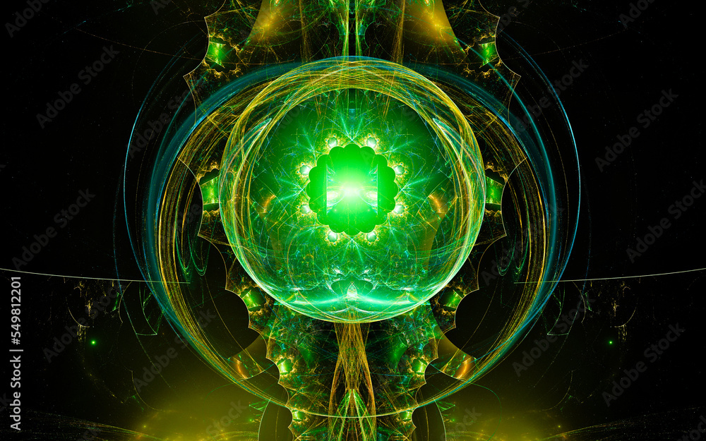 Aufkleber abstract illustration of a computer generated fantastic emblem in various shapes and shades on a black background for use in symbology, signs for digital design and graphics
