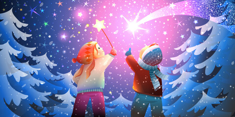 Magical winter forest scene with children watching shooting stars in sky, making wish. Boy and girl kids friends in magical winter woods. Christmas or New Year greeting card. Vector illustration. - 549812284