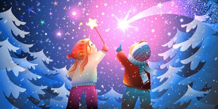 Magical winter forest scene with children watching shooting stars in sky, making wish. Boy and girl kids friends in magical winter woods. Christmas or New Year greeting card. Vector illustration.