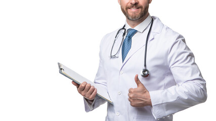 Medical doctor crop view. Medical man holding clipboard showing thumbs-up. Medical service