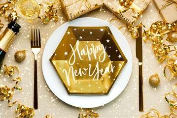 Happy new year. Top view of plate for Christmas dinner with the text Happy new year,christmas...