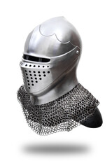 Iron knight helmet on white.