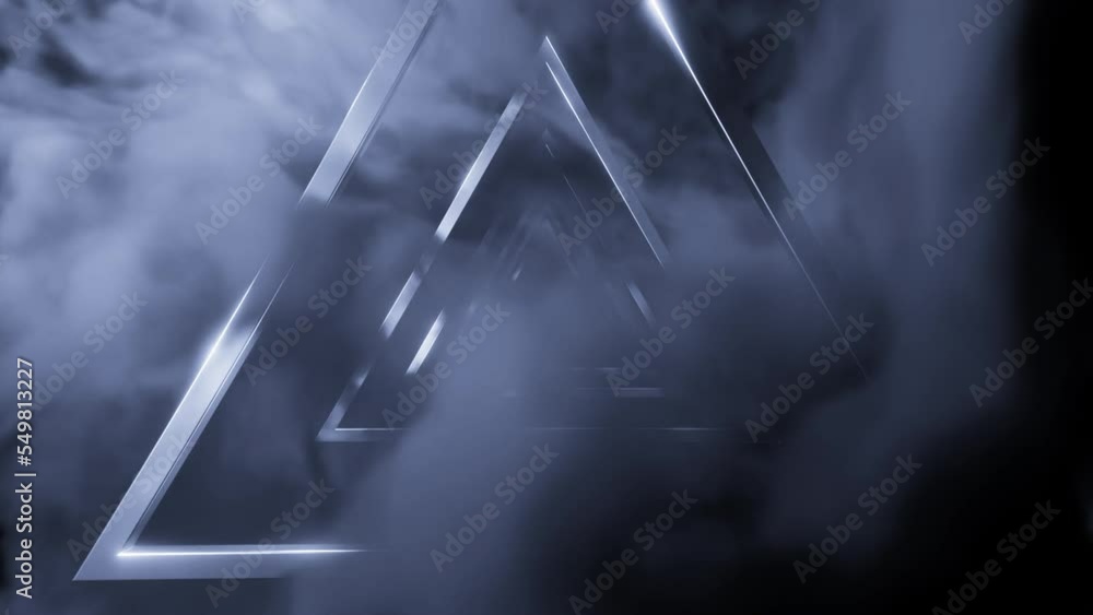 Aufkleber flying inside futuristic abstract tunnel of metallic triangles and smoke. design. endless triangular