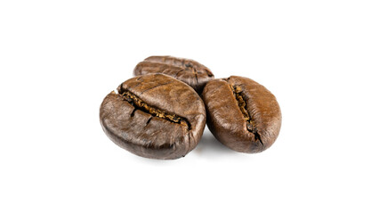 Coffee beans isolated. Black espresso coffee bean flying. Aromatic grain fall isolated on white. Represent breakfast for energy and freshness concept