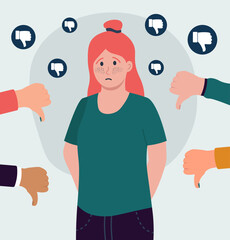 Sad Girl Surrounded By Hands With Thumbs Down. Social Disapproval Vector Illustration In Flat Style
