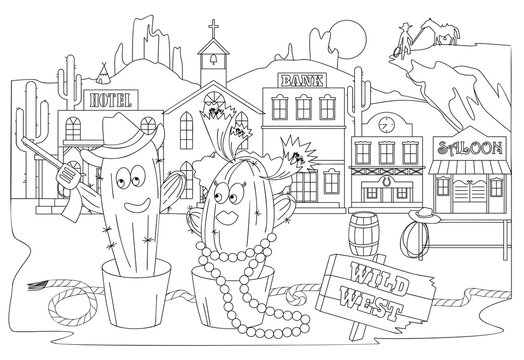 Coloring page with Wild West Cactus cowboy and cowgirl. Landscape with Western city. Cacti flower pots. Cartoon sketch vector illustration.
