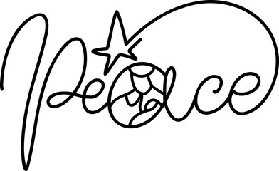 Peace monoline calligraphy text and Christmas Vector religious Nativity Scene of baby Jesus with Joseph and Mary. Minimalist art line drawing, print and logo design