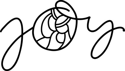 Joy monoline calligraphy text and Christmas Vector religious Nativity Scene of baby Jesus with Joseph and Mary. Minimalist art line drawing, print and logo design