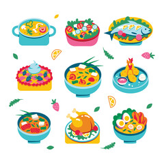 A set of beautiful delicious dishes in a dish. Soup, chicken, salad, tempura and Asian cuisine in plates