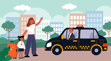 Cartoon people call taxi car. Mom and daughter vote on roadside. Passengers with luggage. Urban transport service. Cab order. Family automobile town transportation. Garish vector concept