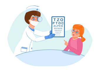 A child at the ophthalmologist. Vector. Graphics. Cartoon picture. The theme of health and medicine. Closeup. 