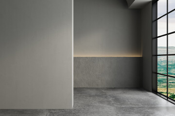 3d rendering, 3d illustration - Empty room with Gray Color background wall, concrete floor. Suitable for interior rooms, offices, furniture template. Mock up.