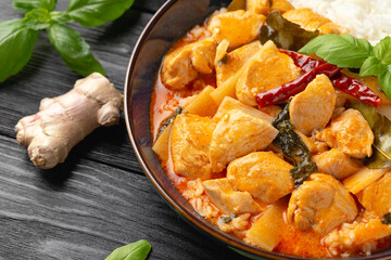 Thai red curry with chicken, vegetables and rice