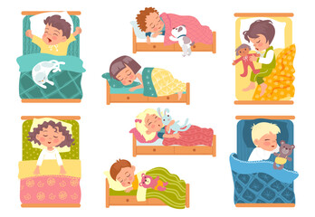 Children lying in beds. Boys or girls sleep in different poses. Cute little kids dream. Patterned bedding linen. Pets and soft toys. Night rest. Babies in cozy pajamas. Splendid vector set