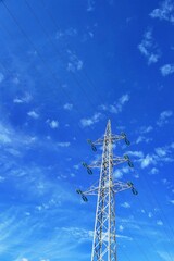 Beautiful shot of a high-voltage pylon against the cloudy blue sky