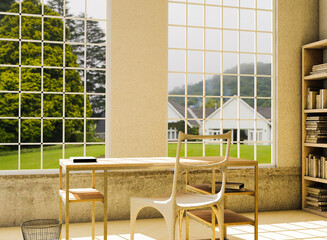 Rural library interior, table and shelf with books with countryside view. Interior design. 3d illustration.