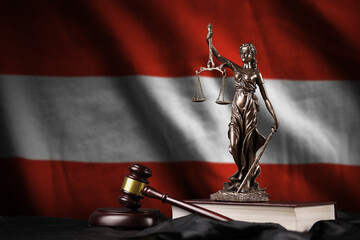 Austria flag with statue of lady justice, constitution and judge hammer on black drapery. Concept...