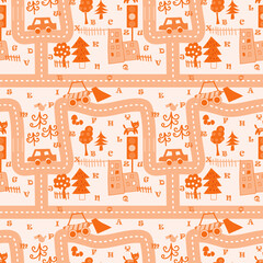seamless pattern for the design of children's things with hand drawn cityscape and alphabet letters