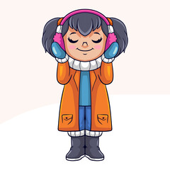 Cartoon happy little girl in winter clothes listening to music