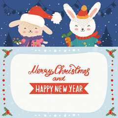 Cartoon illustration for holiday theme with  two happy funny rabbits on winter background with trees and snow. Greeting card for Merry Christmas and Happy New Year.  - 549817805