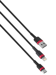 cable and connector USB, Type-C, Lightning, on white background