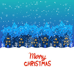 Cartoon illustration and text for holiday theme on winter background with trees and snow. Greeting card for Merry Christmas and Happy New Year.  - 549817876