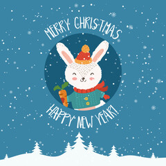 Cartoon illustration for holiday theme with happy bunny.Greeting card for Merry Christmas and Happy New Year.  - 549817886