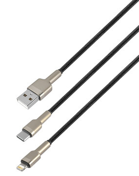 cable and connector USB, Type-C, Lightning, on white background
