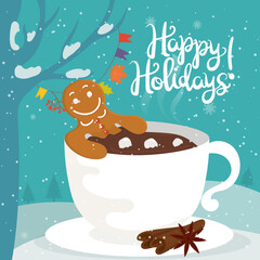 Cartoon illustration for holiday theme with happy gingerbread man in the cup of hot chocolate  on winter background with trees and snow. Greeting card for Merry Christmas and Happy New Year. - 549818018