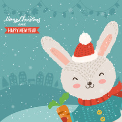 Cartoon illustration for holiday theme with happy funny rabbit on winter background with trees and snow. Greeting card for Merry Christmas and Happy New Year. Vector illustration. - 549818080