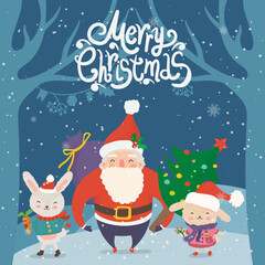 Cartoon illustration for holiday theme with happy Santa Claus and rabbit on winter background with trees and snow. Greeting card for Merry Christmas and Happy New Year. Vector illustration. - 549818254