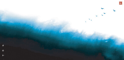 Obraz premium Ink wash painting of seascape with seagulls over the blue stormy sea. Traditional oriental ink painting sumi-e, u-sin, go-hua. Translation of hieroglyph - eternity