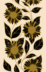 seamless pattern of large black flower buds with a golden outline on a beige background, bright floral texture, design