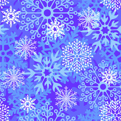 Naklejka na ściany i meble seamless asymmetric pattern of multicolored snowflakes on a blue background, texture, design