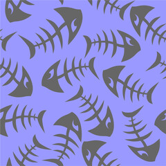bright seamless pattern of gray graphic fish skeletons on a blue background, texture, design