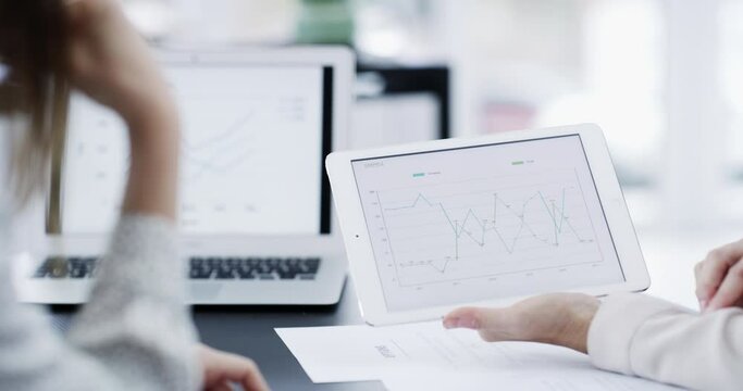 Hands, tablet graph and business people on laptop brainstorming or comparing data. Teamwork, planning and employees with computer tech and touchscreen, charts or statistics for sales growth analytics