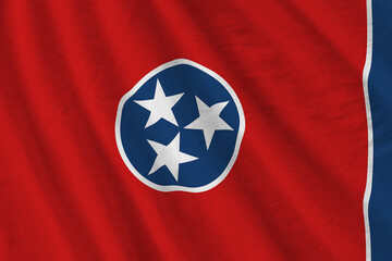 Tennessee US state flag with big folds waving close up under the studio light indoors. The official symbols and colors in banner - obrazy, fototapety, plakaty