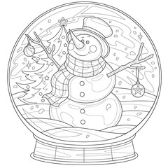 Snow globe with a snowman.Christmas.Coloring book antistress for children and adults. Illustration isolated on white background.Zen-tangle style. Hand draw