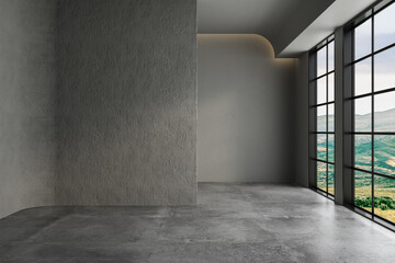 3d rendering, 3d illustration - Empty room with Gray Color background wall, concrete floor. Suitable for interior rooms, offices, furniture template. Mock up.