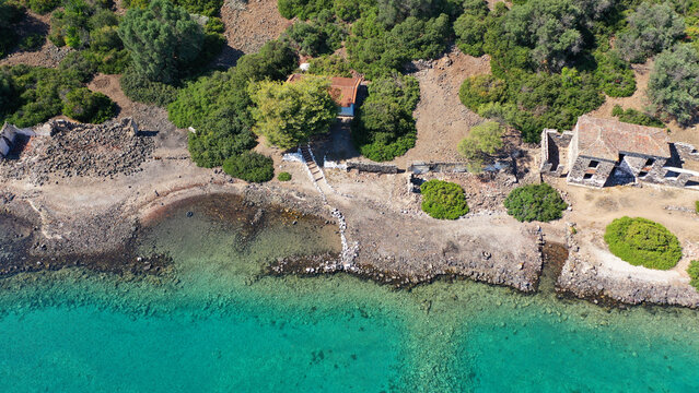 Aerial drone panoramic photo of beautiful and scenic complex of Volcanic islands and paradise beaches of Lichadonisia forming an Archipelago with the largest one of Monolia, North Evia, Greece