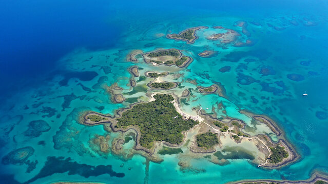 Aerial drone panoramic photo of beautiful and scenic complex of Volcanic islands and paradise beaches of Lichadonisia forming an Archipelago with the largest one of Monolia, North Evia, Greece