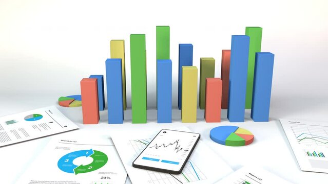 Financial figures - Calculating business finances and economy with phone, graphs, charts and papers. Abstract economic 3d render animation with white background