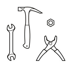 Tools set - hammer, wrench, pliers and steel nut. Flat black image, icon, isolated background.