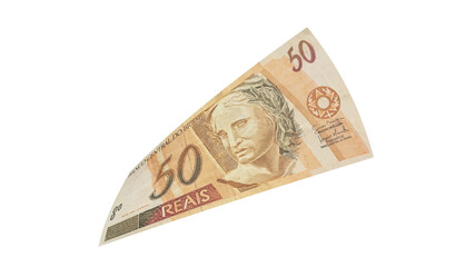 50 reais flying alone on a transparente background. Money from Brazil. 3d rendering. 