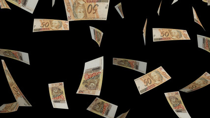 Several banknotes of money flying  on a black background. 50 reais. Money from Brazil. 3d rendering.