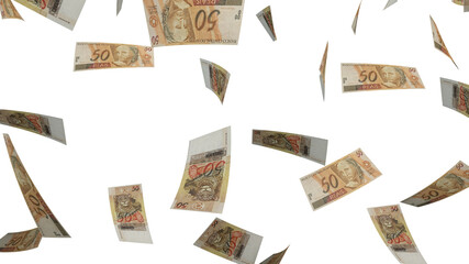 Several banknotes of money flying  on a transparente background. 50 reais. Money from Brazil. 3d rendering.