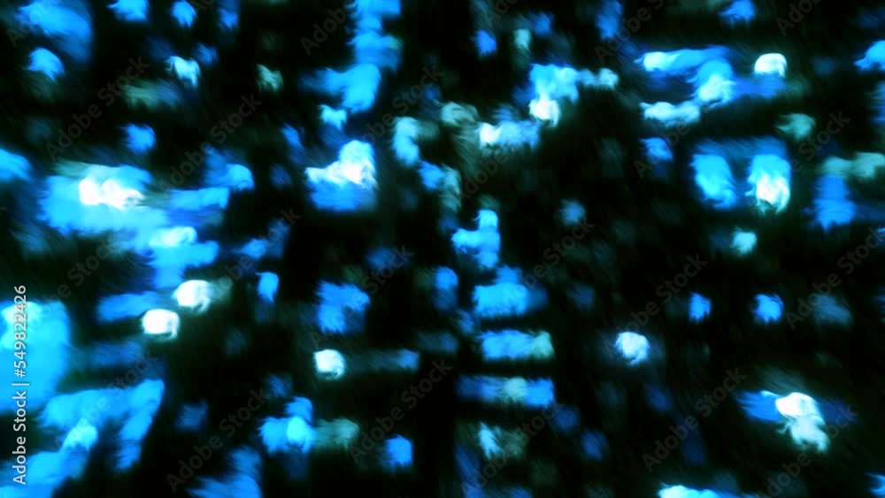 Poster dark background with green blue squares without focus. motion. light particles moving in different d