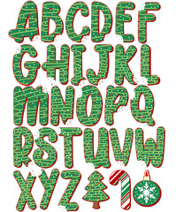 Christmas Tree Red Velvet Xmas Sugar Cookie Alphabet Set Uppercase Letters Pack decorated for the holidays in bubble letter font typography with big bite taken 
