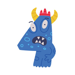 Monster Number Four or Numeral with Face and Hand Vector Illustration